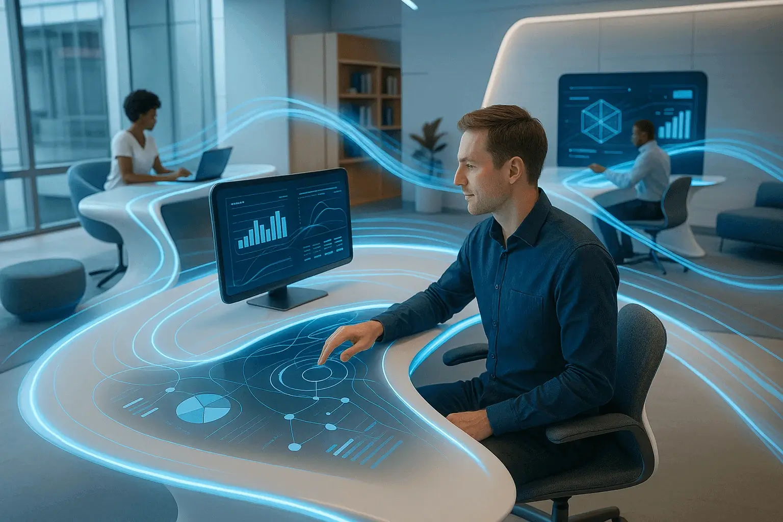 Futuristic but approachable workspace showing adaptive, flowing work environments where technology seamlessly integrates with human creativity