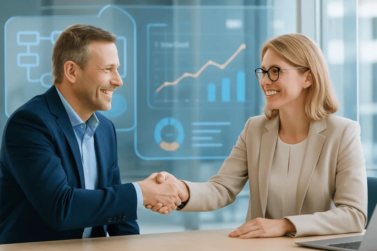Handshake or collaborative meeting scene with workflow diagrams and success metrics visible on screens in background