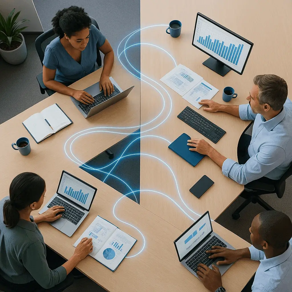 Overhead view of modern workspace with multiple workstations connected by flowing light paths showing intelligent workflow connections