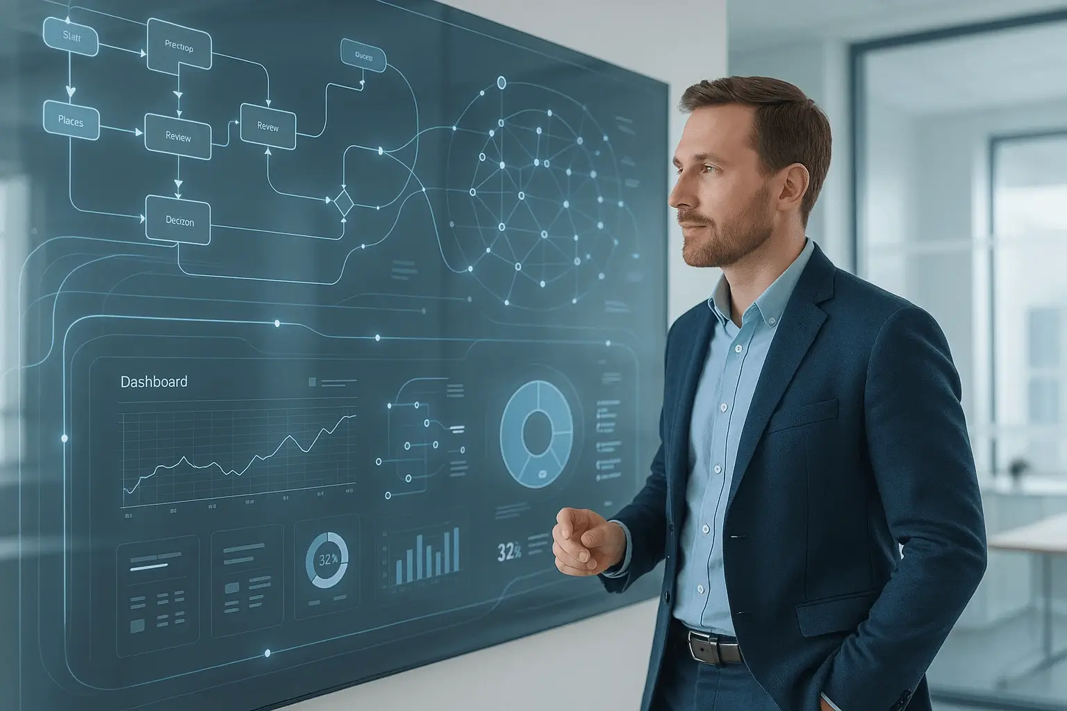 Professional consultant standing before large interactive wall display showing complex workflow diagrams and analytics dashboards