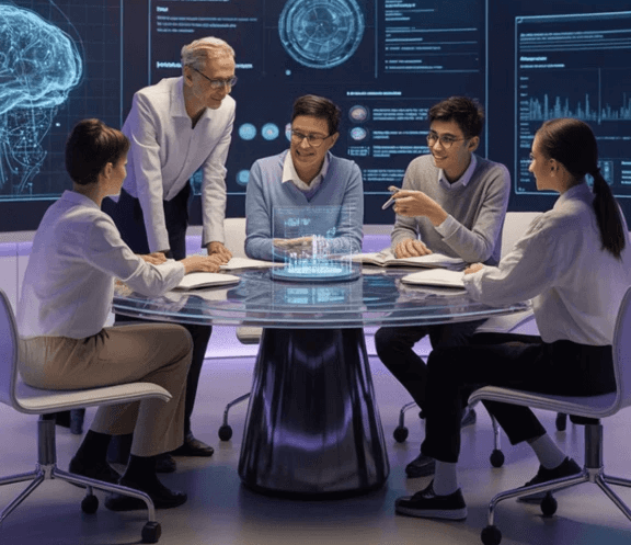 Split-screen showing university library/research lab flowing into modern corporate boardroom, connected by flowing light streams
