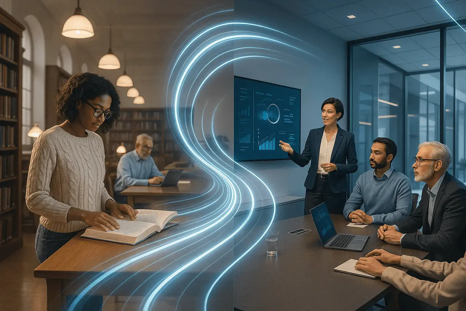 Modern corporate environment showing diverse professionals collaborating around interactive digital displays or holographic workflow diagrams